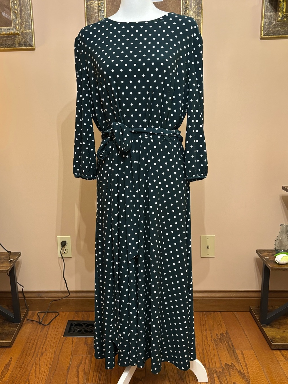 Polka Dot Long Sleeve Dress - Hunter Green with White Dots